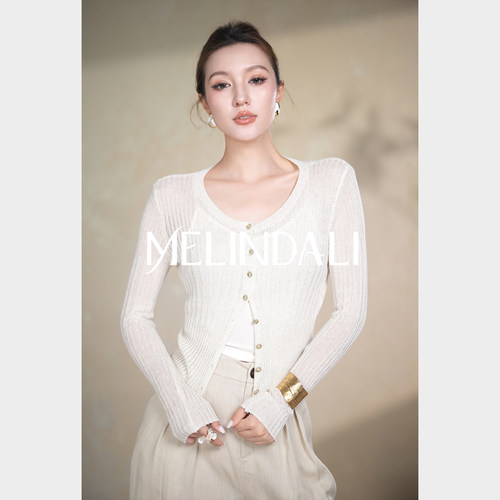 MELINDA LI【老钱星光】珠片莱赛尔亚麻微透春夏薄款针织开衫上衣
