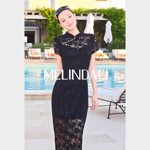 MELINDA LI【永夜玫瑰】新中式珠片玫瑰蕾丝立领收腰显瘦旗袍