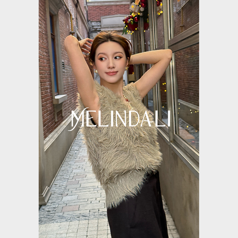 MELINDA LI【雪松】梦颖私服法式氛围感仿貂绒羽毛纱宽松毛衣背心