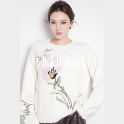 MELINDA LI【粉鸢尾】秘鲁进口羊驼毛ALPACA圆领鸢尾花针织毛衣