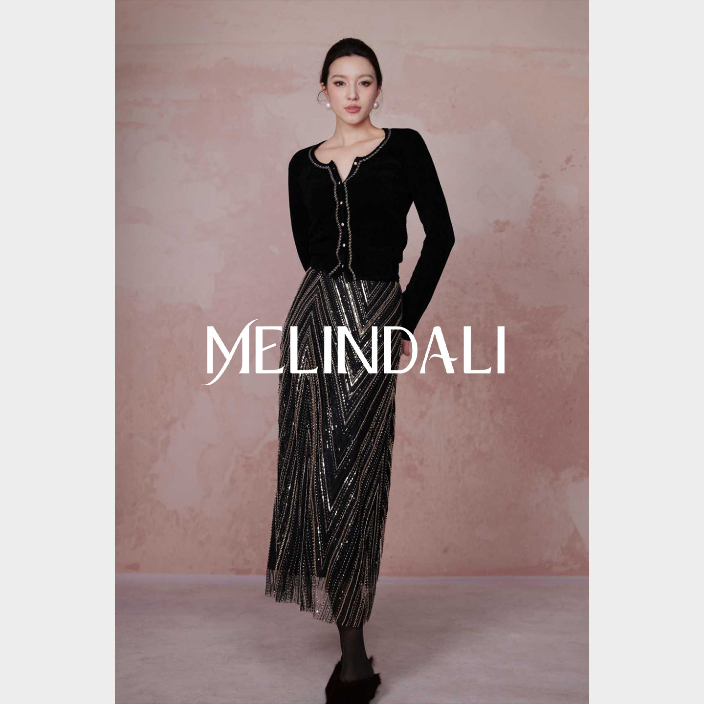 MELINDA LI【东方之珠】重工V形黑金珠绣高腰绝美巨好看的半身裙