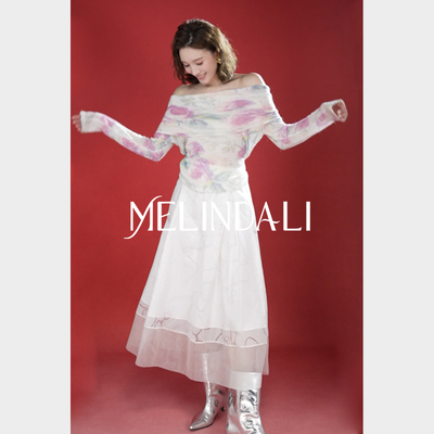 MELINDA LI【香榭丽舍】法式优雅欧根纱烂花拼接压褶A字长款伞裙