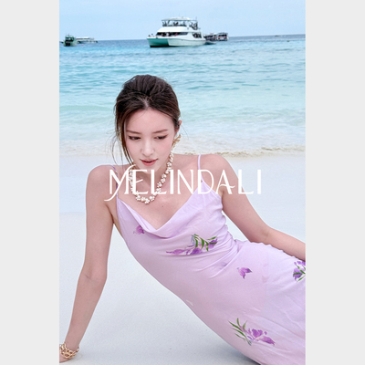 MELINDA LI【小苍兰】重磅16姆米100桑蚕丝印花荡领斜裁收腰裙