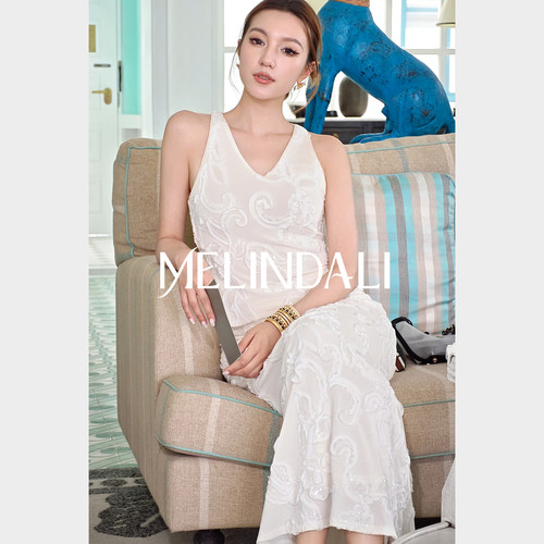 MELINDA LI【玉白花影】新中式醋酸重工盘花绣挂脖收腰旗袍连衣裙