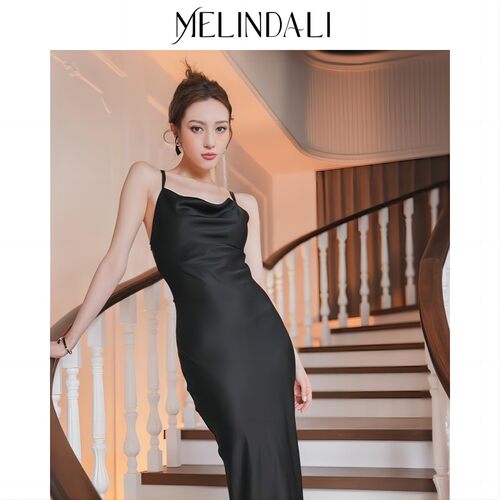 MelindaLi优雅连衣裙醋酸荡领