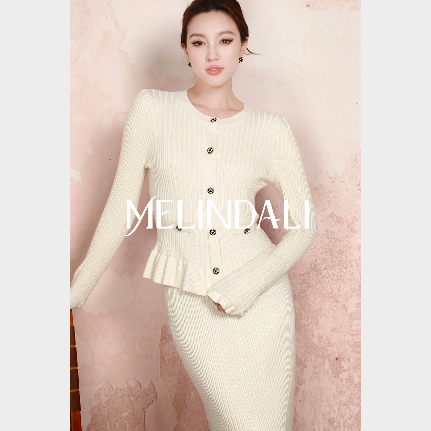 MELINDA LI【经典重现】法式复古荷叶边修身收腰针织开衫鱼尾套装,女装/女士精品,时尚套装,淘宝优惠券,粉丝福利购,淘宝优惠卷