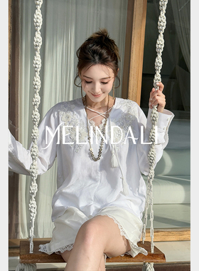 Melinda Li【亲密爱人】法式亚麻蕾丝花边流苏宽松衬衫短裤套装