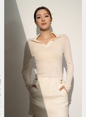 Melinda Li 【雪柳】美丽诺极细澳毛法式polo领纯羊毛针织打底衫