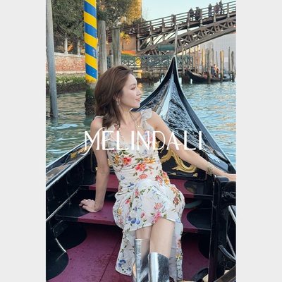 MELINDA LI【花影威尼斯】黑标法国定制花板真丝丝绒烧花连衣裙