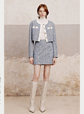 Melinda li【雾蓝荆棘】设计感提花加厚牛仔外套裤子半身裙套装