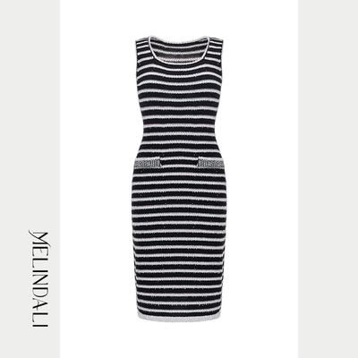 Melinda Li【心无禁忌】法式优雅风银葱修身显瘦中长款无袖连衣裙