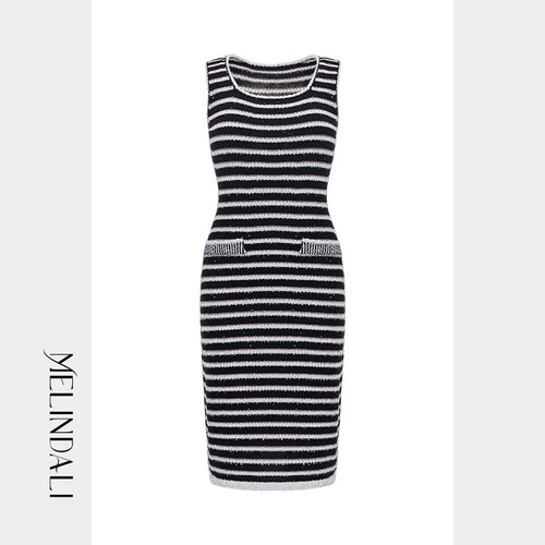 Melinda Li【心无禁忌】法式优雅风银葱修身显瘦中长款无袖连衣裙