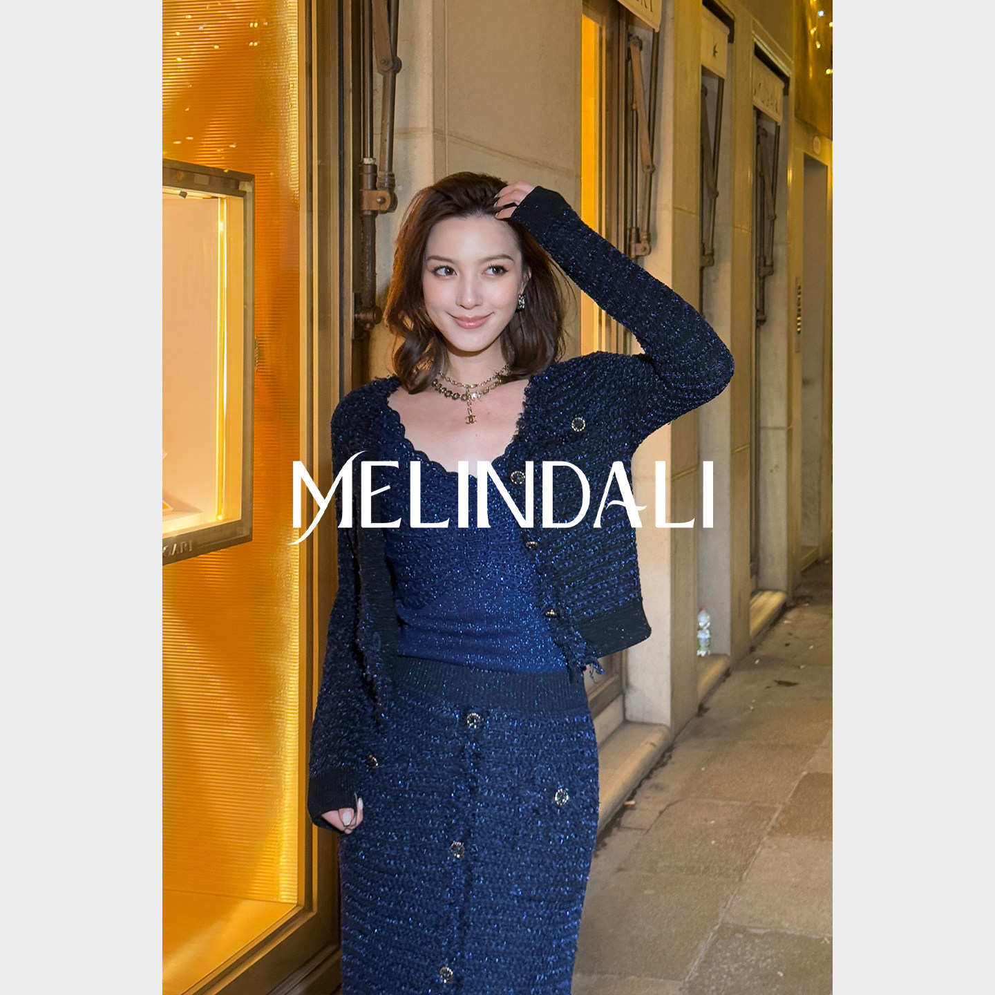MELINDA LI【杜维埃】法式小香风粗花呢流苏修身针织开衫半裙套装