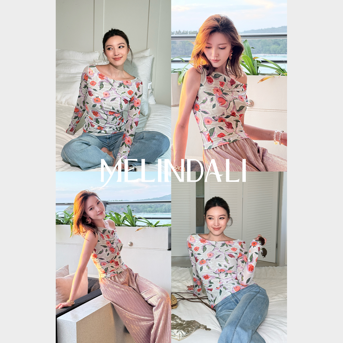 MELINDA LI【朦胧花园】轻盈网纱郁金香印花撞色薄款无袖背心上衣