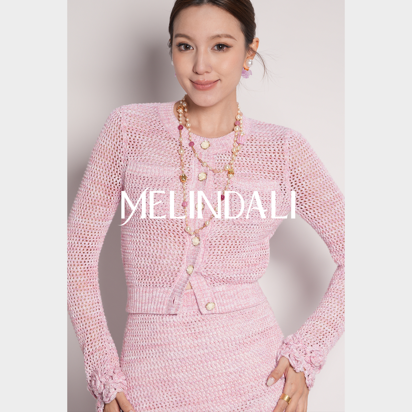 MELINDA LI【青青山茶】法式花纱手工钩花圆领针织开衫半裙连衣裙