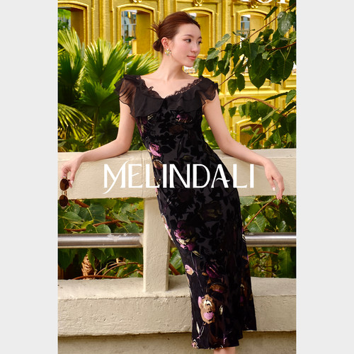 MELINDA LI【流动繁花】桑蚕丝丝绒烧花粉金荷叶边蕾丝斜裁连衣裙