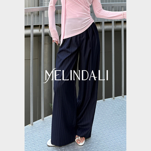 MELINDA LI【银行家】法式通勤风精纺斜纹毛料色织条纹高腰直筒裤