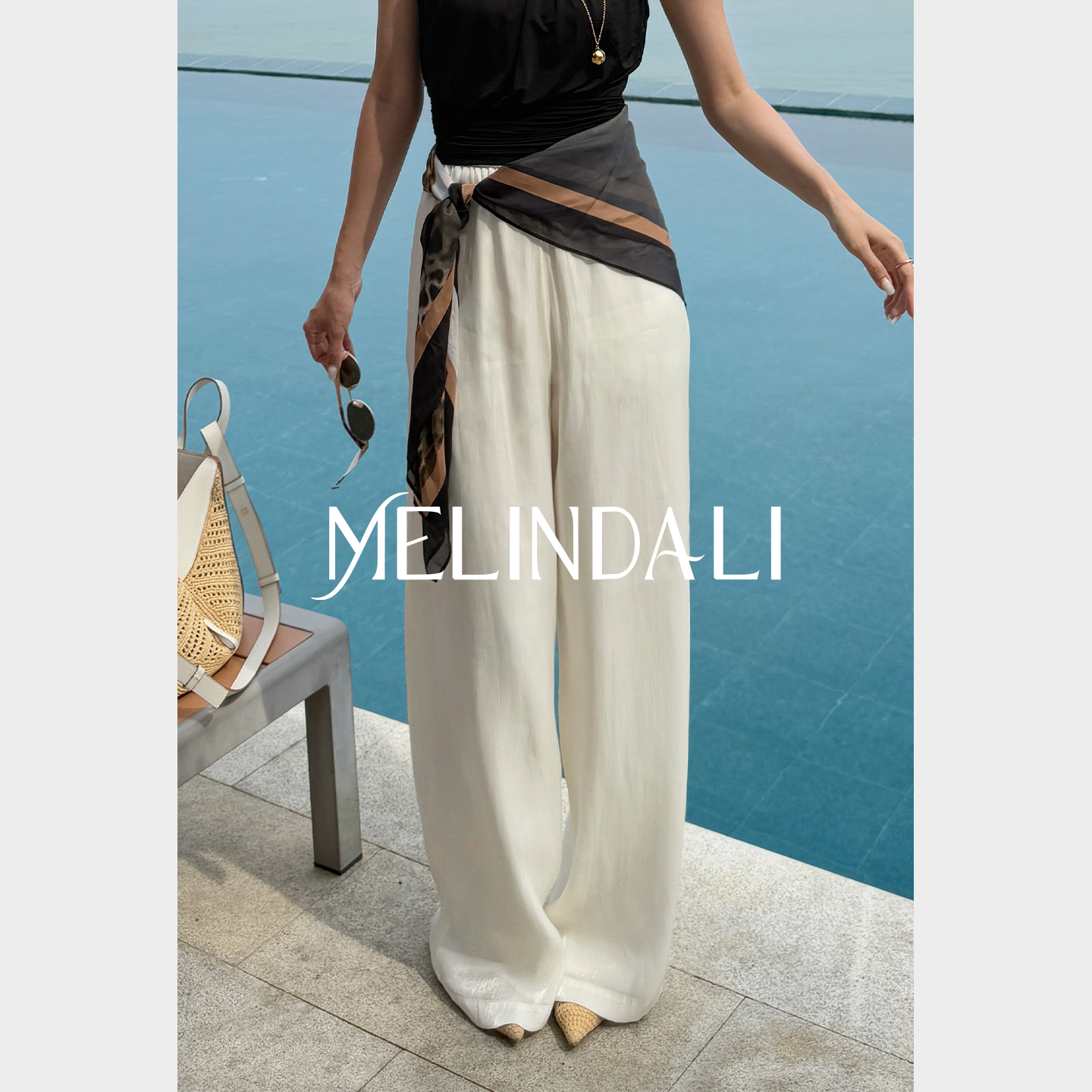 MELINDA LI【流光裤】白色高腰阔腿裤长裤夏天巨凉快的裤子女夏薄