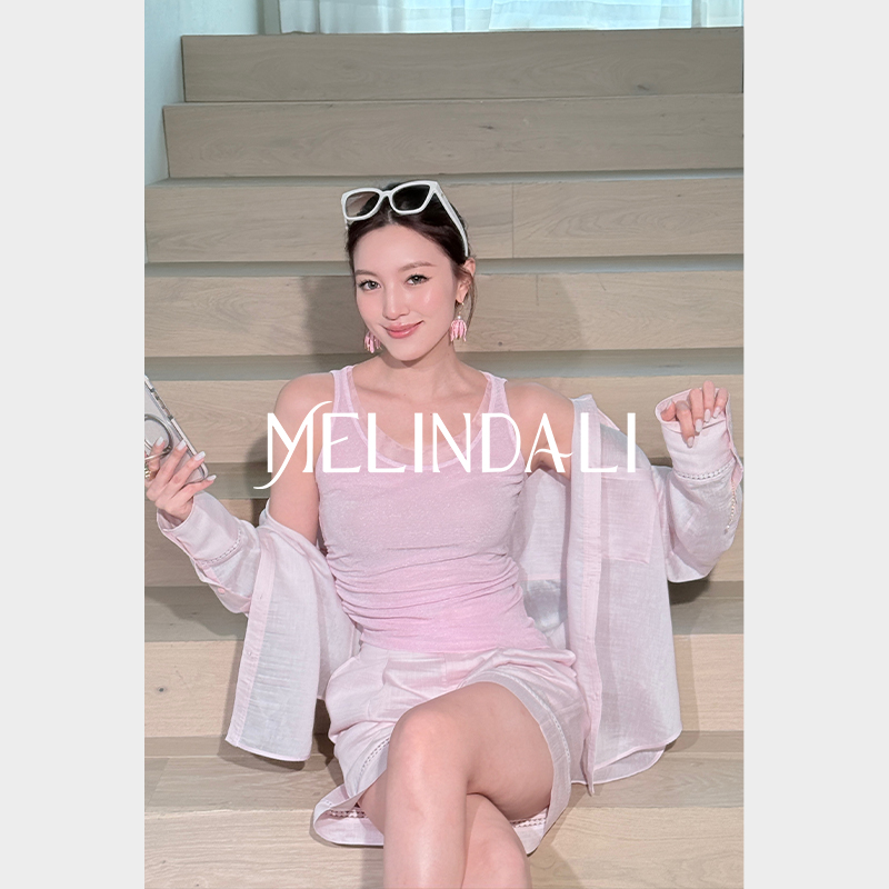 MELINDA LI【奶油系】醋酸亮丝网纱抽褶收腰弹力针织无袖背心