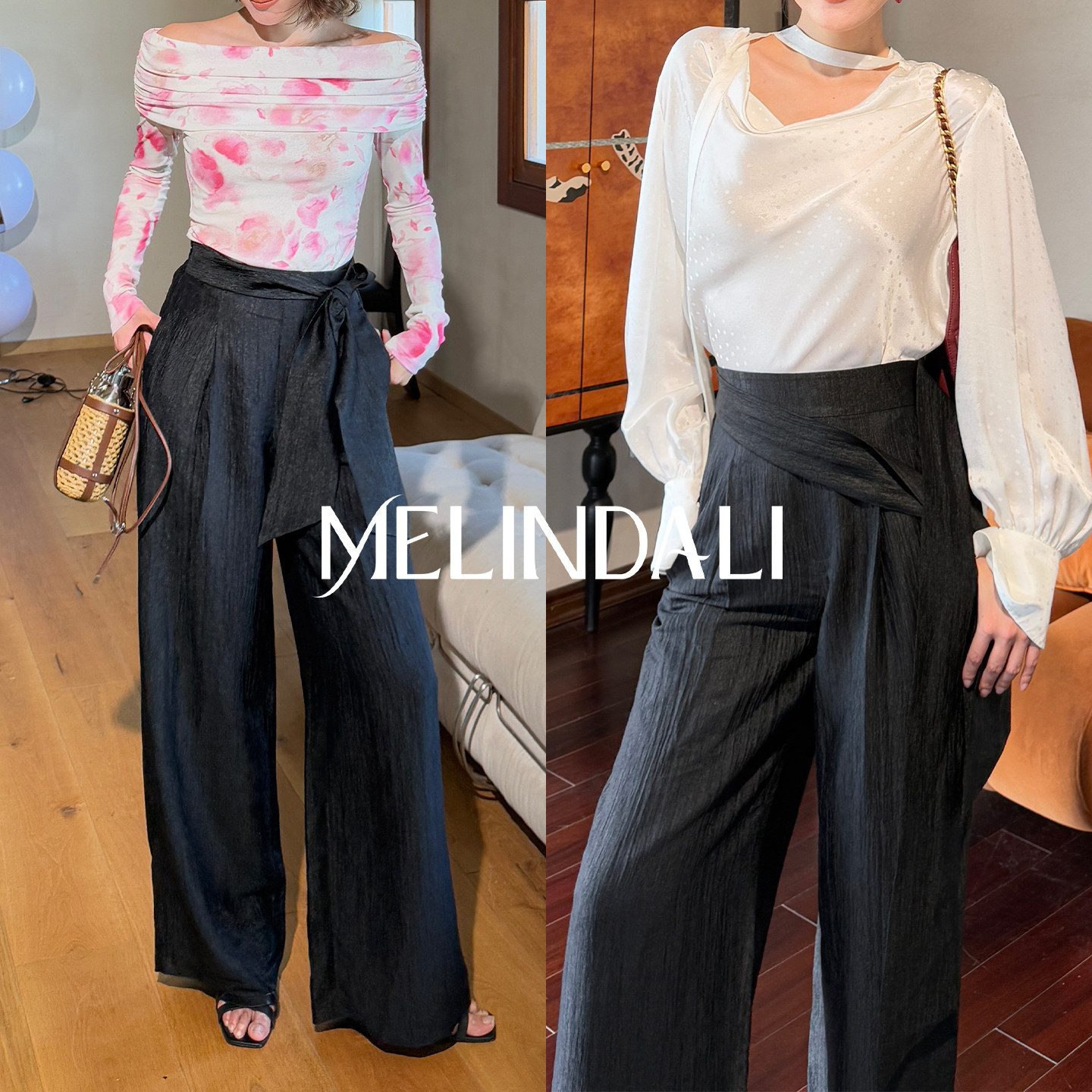 MELINDA LI【午夜西梅】通勤醋酸松紧高腰直筒阔腿裤百搭老钱风女