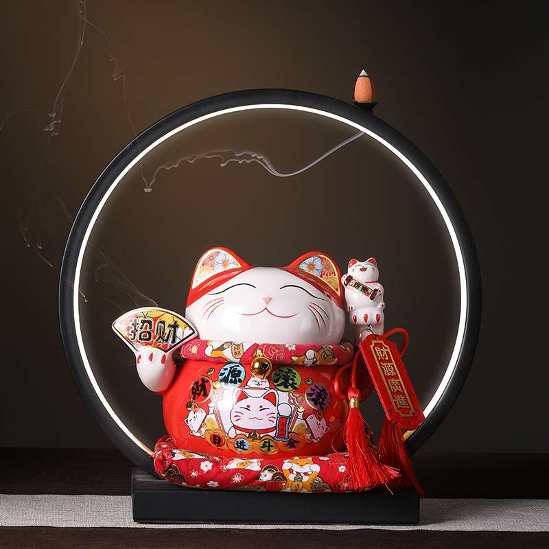 招财猫灯圈陶瓷家居摆件小招财猫存钱罐储蓄罐汽车摆件书桌装饰品