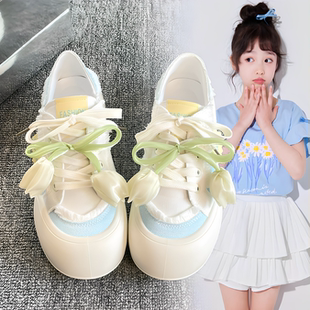 子花朵2025新款 女孩板鞋 夏季 大童帆布大頭面包鞋 厚底 運動鞋 女童鞋