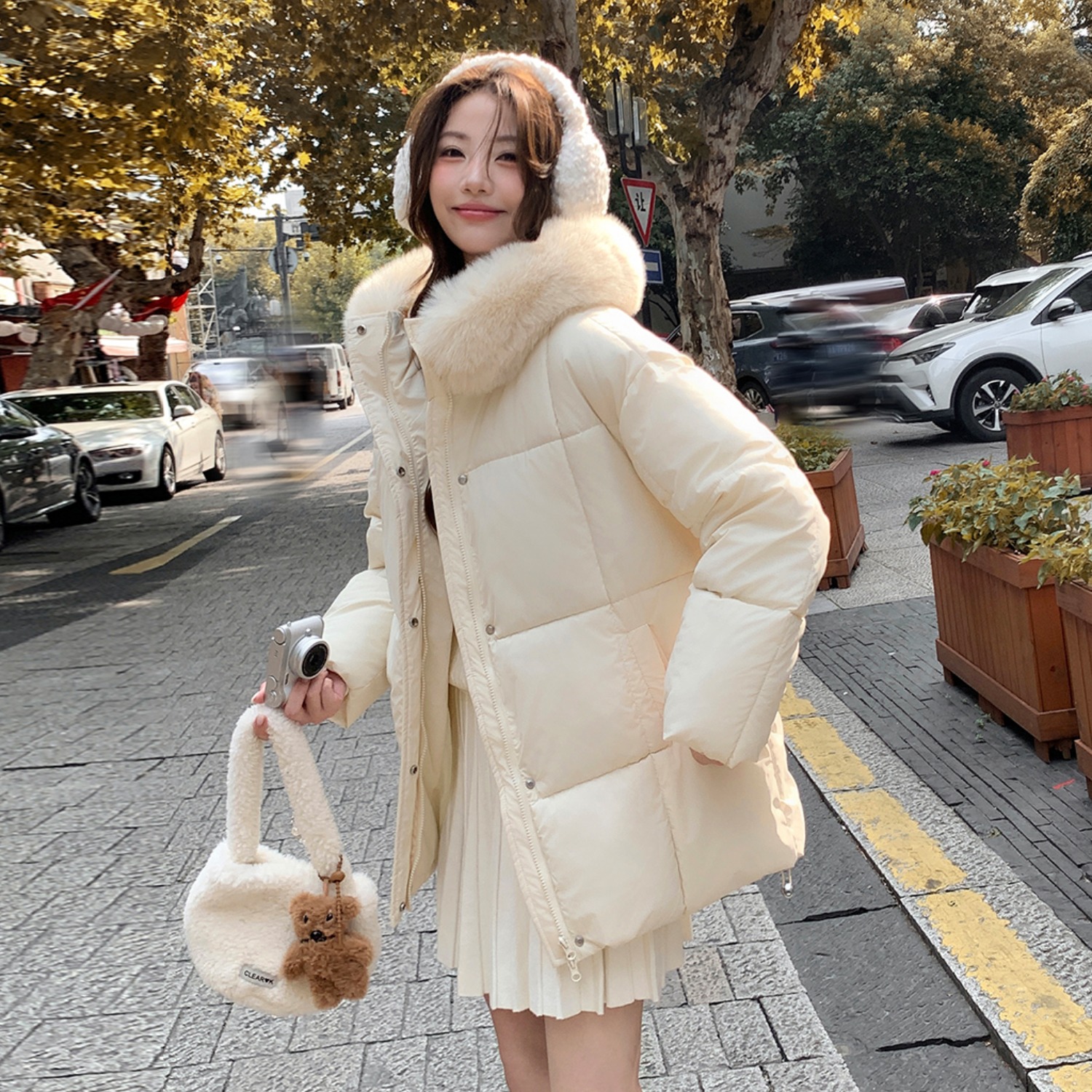 实拍羽绒棉服冬连帽加厚大毛领中长款小个子面包服外套棉衣