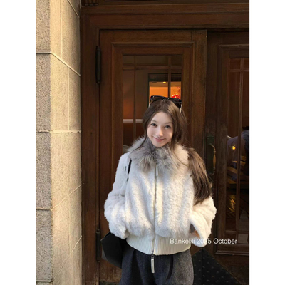 板栗可可Bankelili'暖冬咩咩'大毛领短款环葆羊羔毛保暖外套女冬