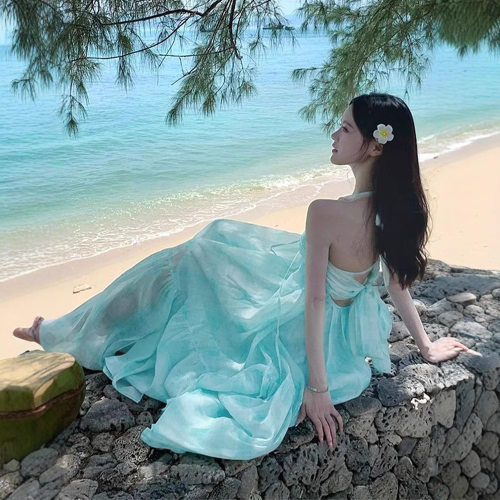 超仙大摆纯欲风V领性感多巴胺露背挂脖吊带仙女长裙海边度假裙子