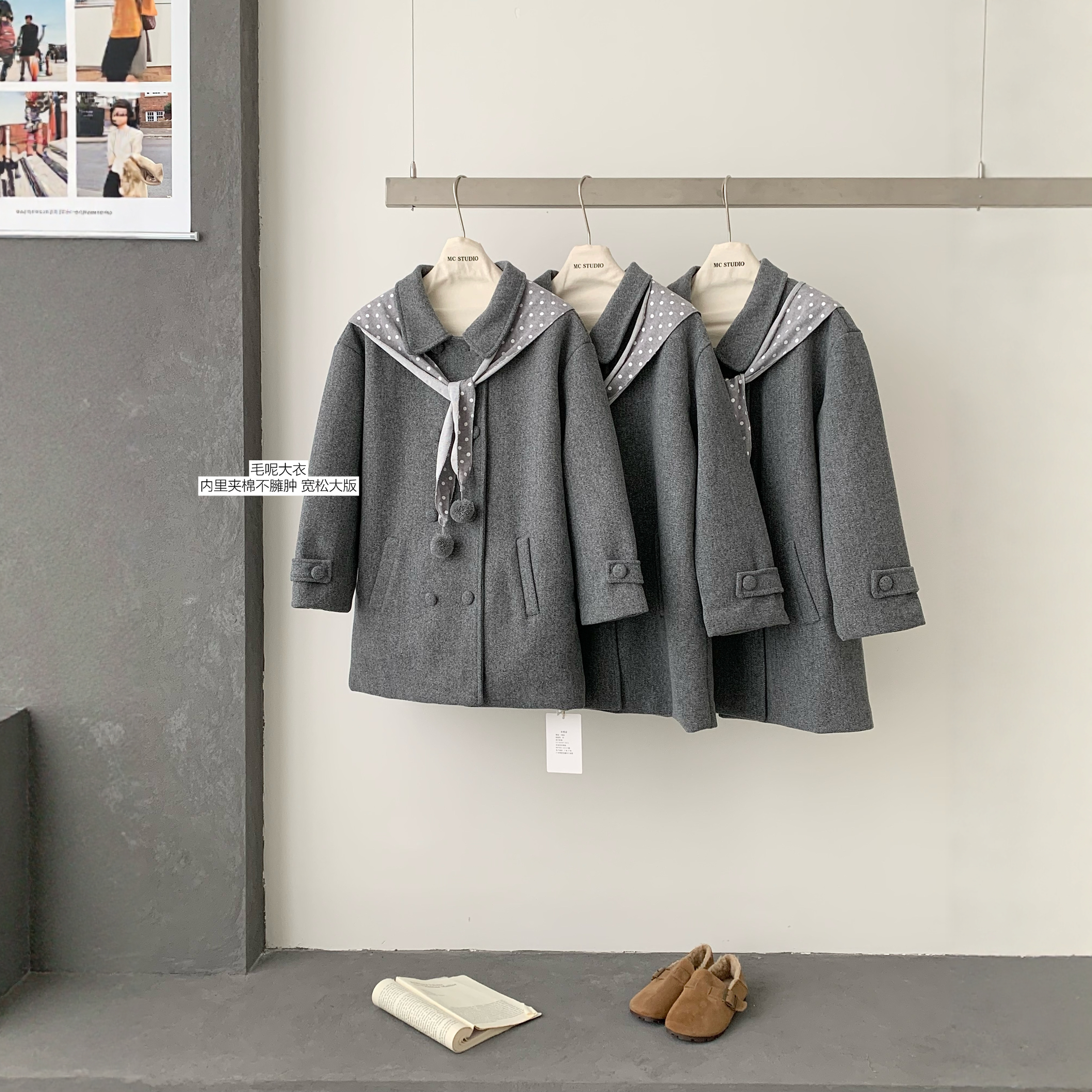 PtonUmi 波点艺术家 翻领双排扣毛呢大衣女冬中长款夹棉呢子外套