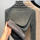 内搭长袖 女季 t恤半高领网纱上衣加绒加厚 秋冬蕾丝打底衫 2025新款