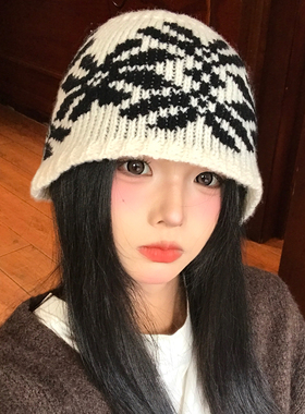 复古提花毛线帽子女冬2025新款保暖文艺风显脸小针织护耳防冷帽