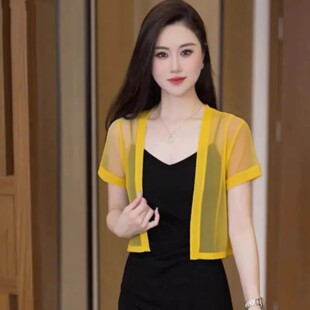 夏天薄款短袖简约坎肩开衫女夏季配吊带裙外搭小披肩短款罩衫上衣