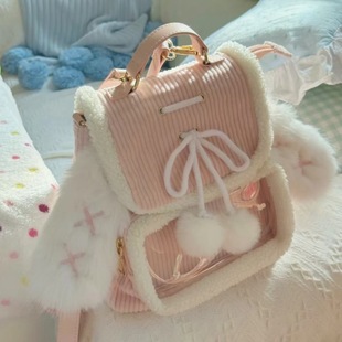 小众百搭粉色兔耳朵可爱毛茸茸双肩包2025秋冬休闲简约大容量痛包