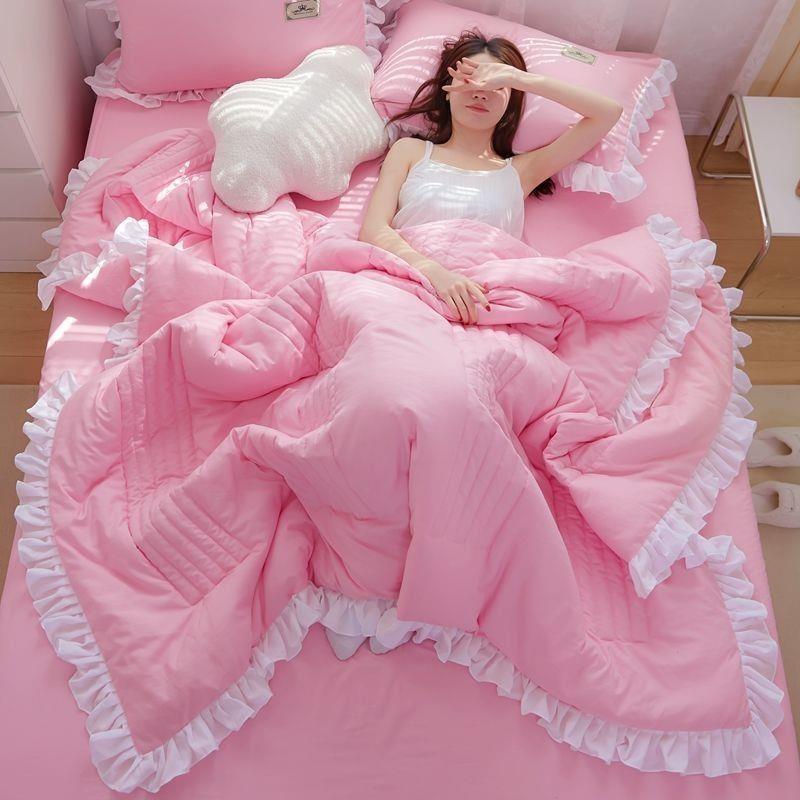 韩版夏凉被花边水洗棉夏被三四件套空调被单双人可机洗学生薄被子