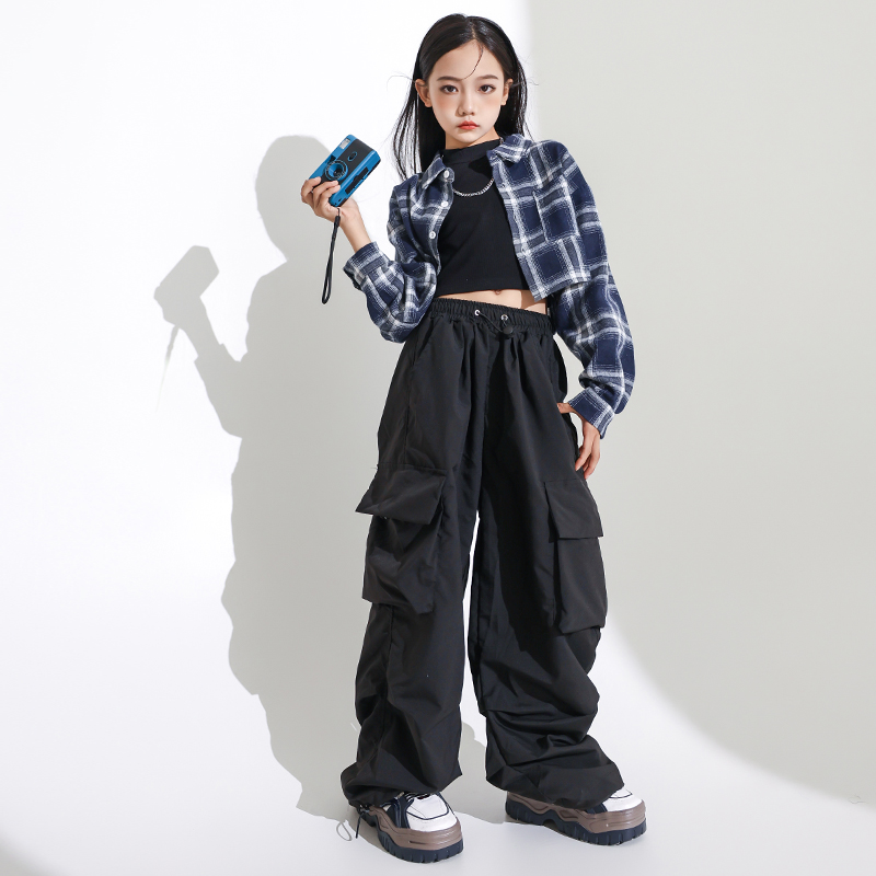 女童爵士舞服装露脐衬衫工装裤套装女孩炸街舞蹈服街舞潮服演出服