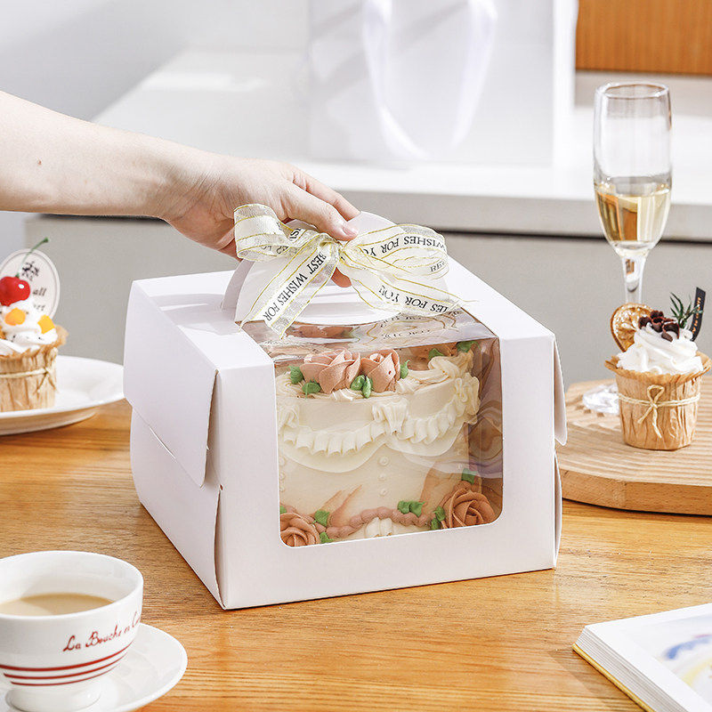 韩版4/6/8寸手提半透明开窗生日蛋糕盒烘焙包装盒慕斯芝士盒子ins