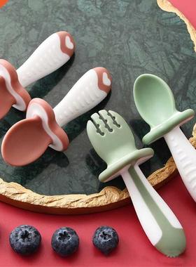 2Pcs/Set Baby Spoon Fork Silicone Children's Cutlery