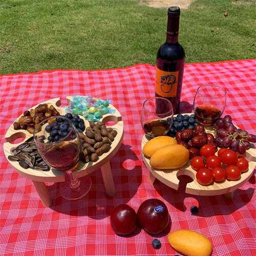 Wooden Outdoor Folding Picnic Table with Glass Holder Portab