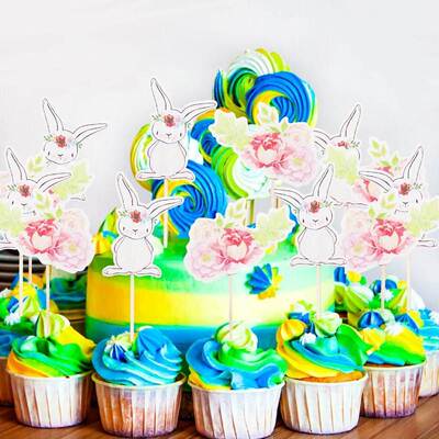 24pcs/lot Cartoon Easter Bunny Flowers cake Toppers Cute Whi