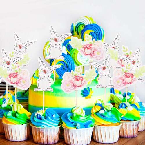24pcs/lot Cartoon Easter Bunny Flowers cake Toppers Cute Whi