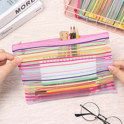 Nylon Pencil Case Simple Rainbow color Mesh Document Bag Mu