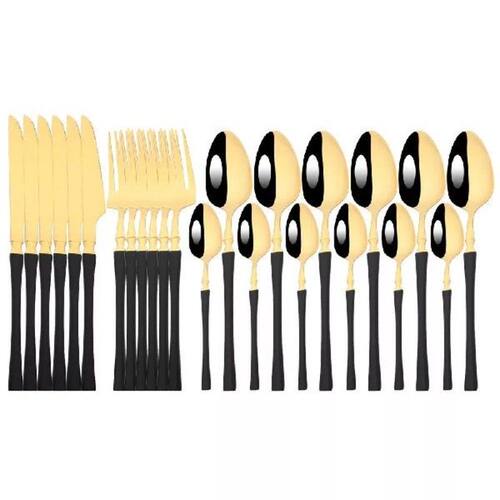 24Pcs Upscale Black Gold Dinnerware Set Stainless Steel