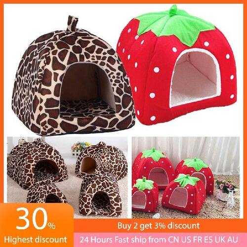 Soft Leopard Strawberry Pet Dog Cat House Breathable Kennel
