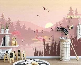 wallpaper landscape flamingo mural Simple beibehang pink