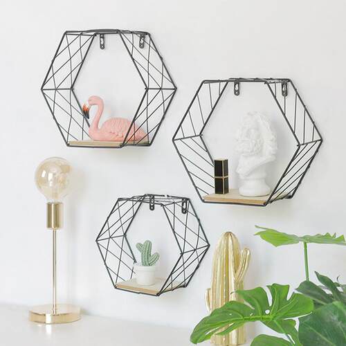 Wood Iron Art Hexagonal Grid Wall Shelf Combination Wall