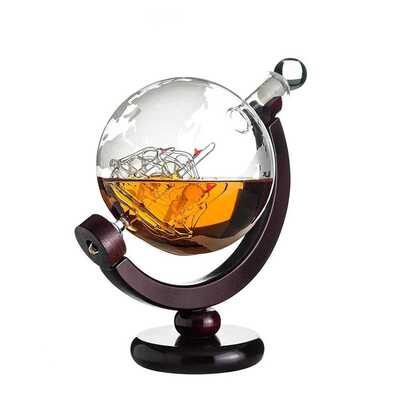 Mini 850ml Glass Globe Wine Decanter Wooden Base Whiskey Bot