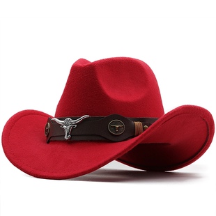 Simple Wome Men Red Wool Chapeu Western Cowboy Hat Gentleman