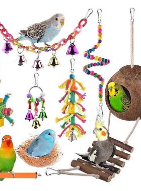 8 Pack Bird Parrot Toys,Hanging Wooden Coconut Birds House