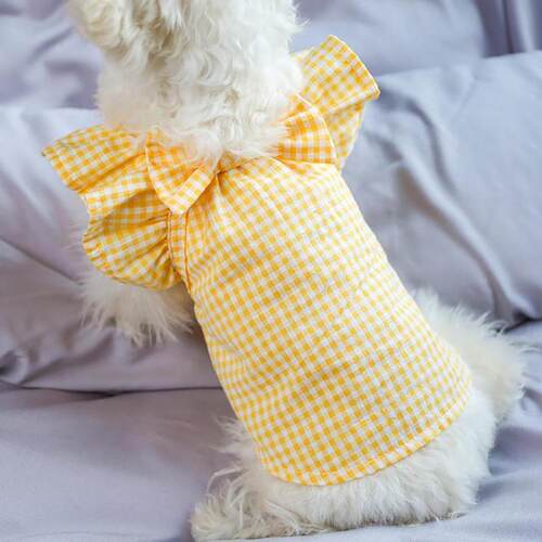 Yellow  Durable Puppy Plaid Tops Easy Cleaning Pet Shirt